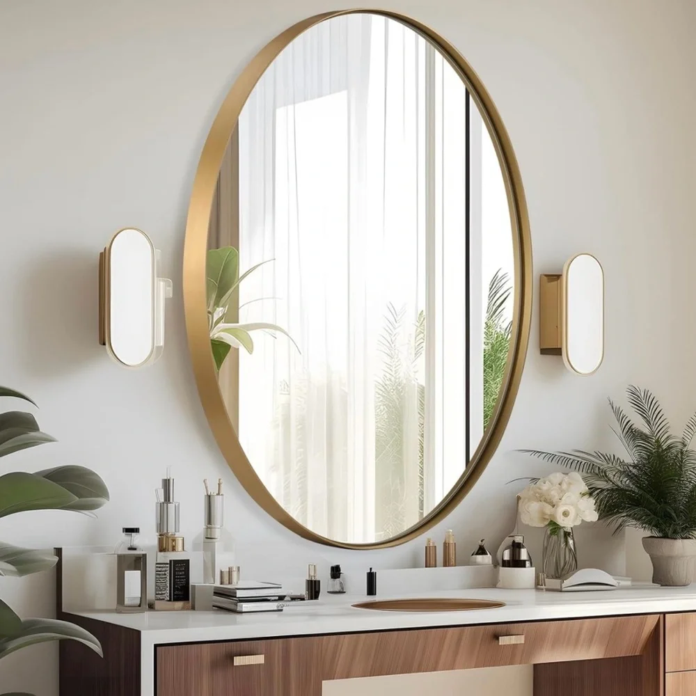 NEW West Elm XL Large Gold Framed Oval Vanity Wall Hanging Mirror - 22